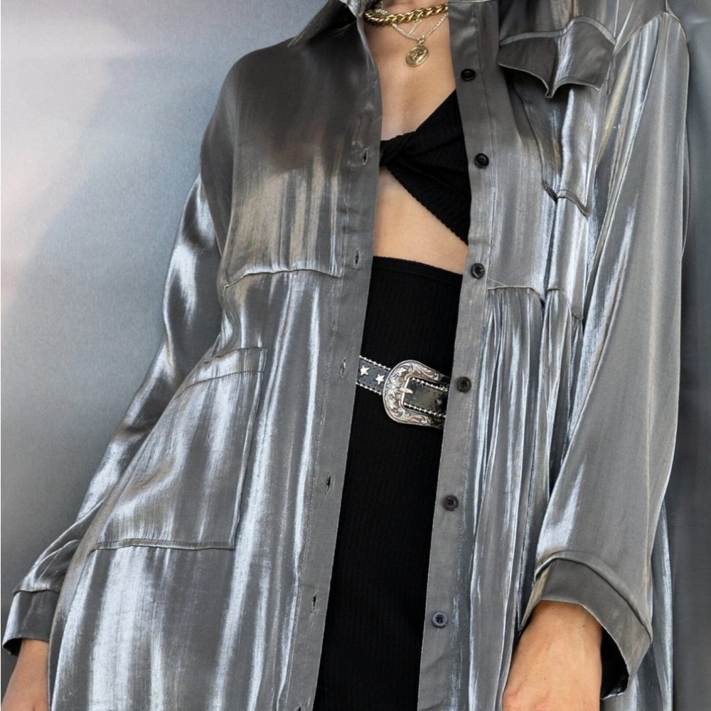 Kate Hewko Metallic Pewter Long Button-Up Shirt Dress